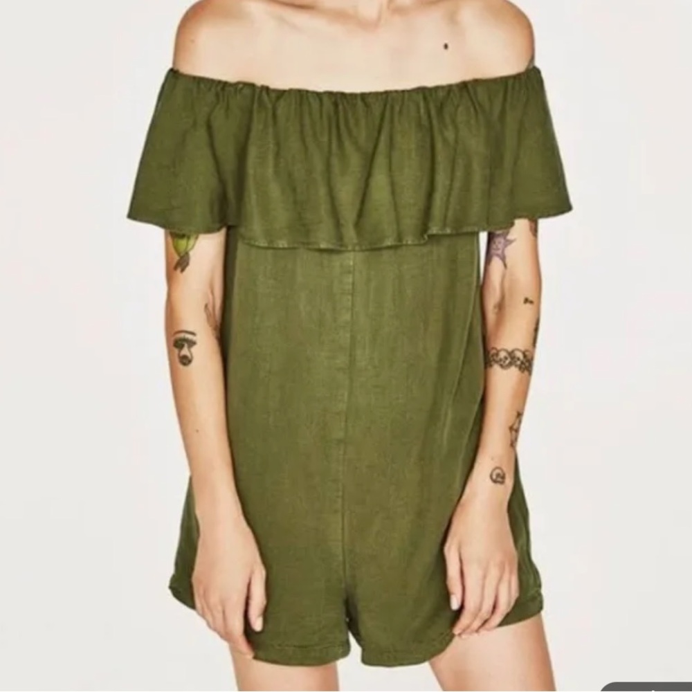Zara Olive Green Denim Collection Romper